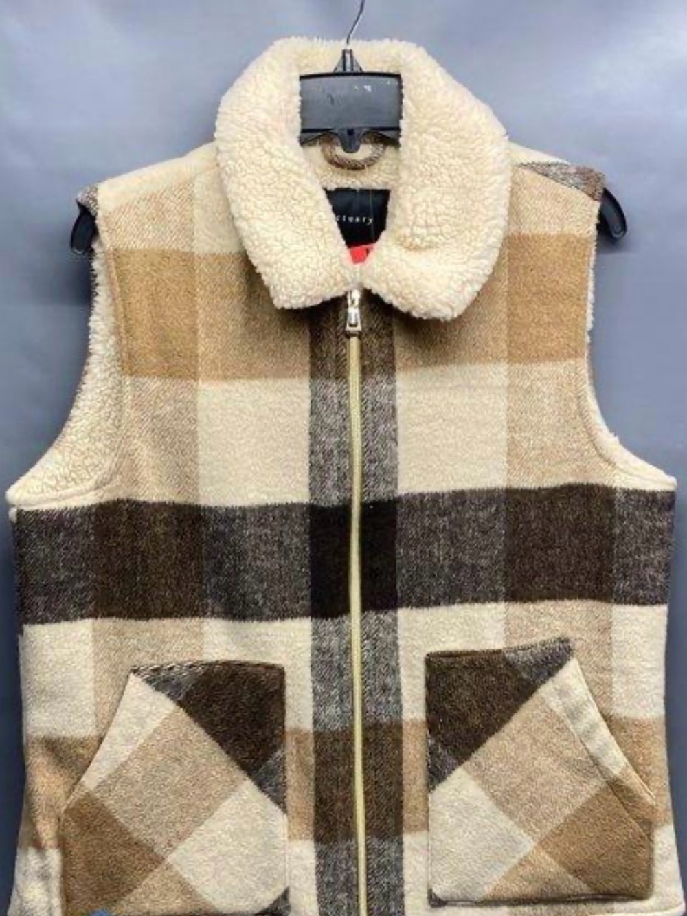 Sanctuary Plaid Sherpa Collar Zip Vest - Cream & Brown